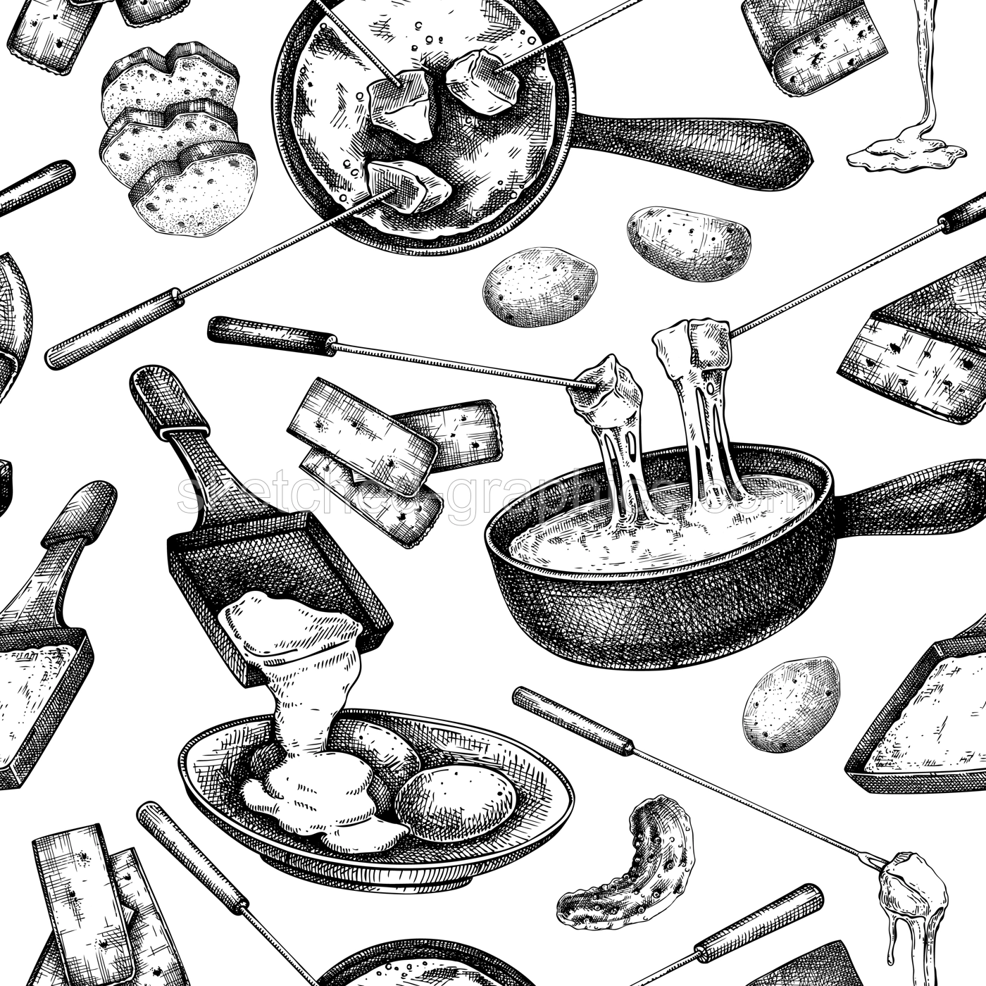 Swiss cheese fondue background. Melted cheese. Hand-drawn food illustrations. Dairy products seamless pattern. Menu design. NOT AI generated Illustration
